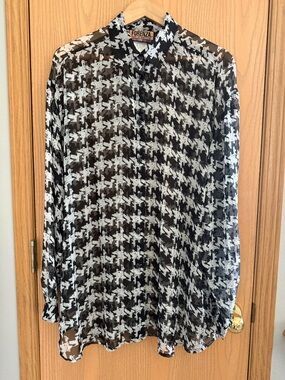 Vintage Forenza Black & White Houndstooth Sheer Button-Up Blouse Women’s Size L
